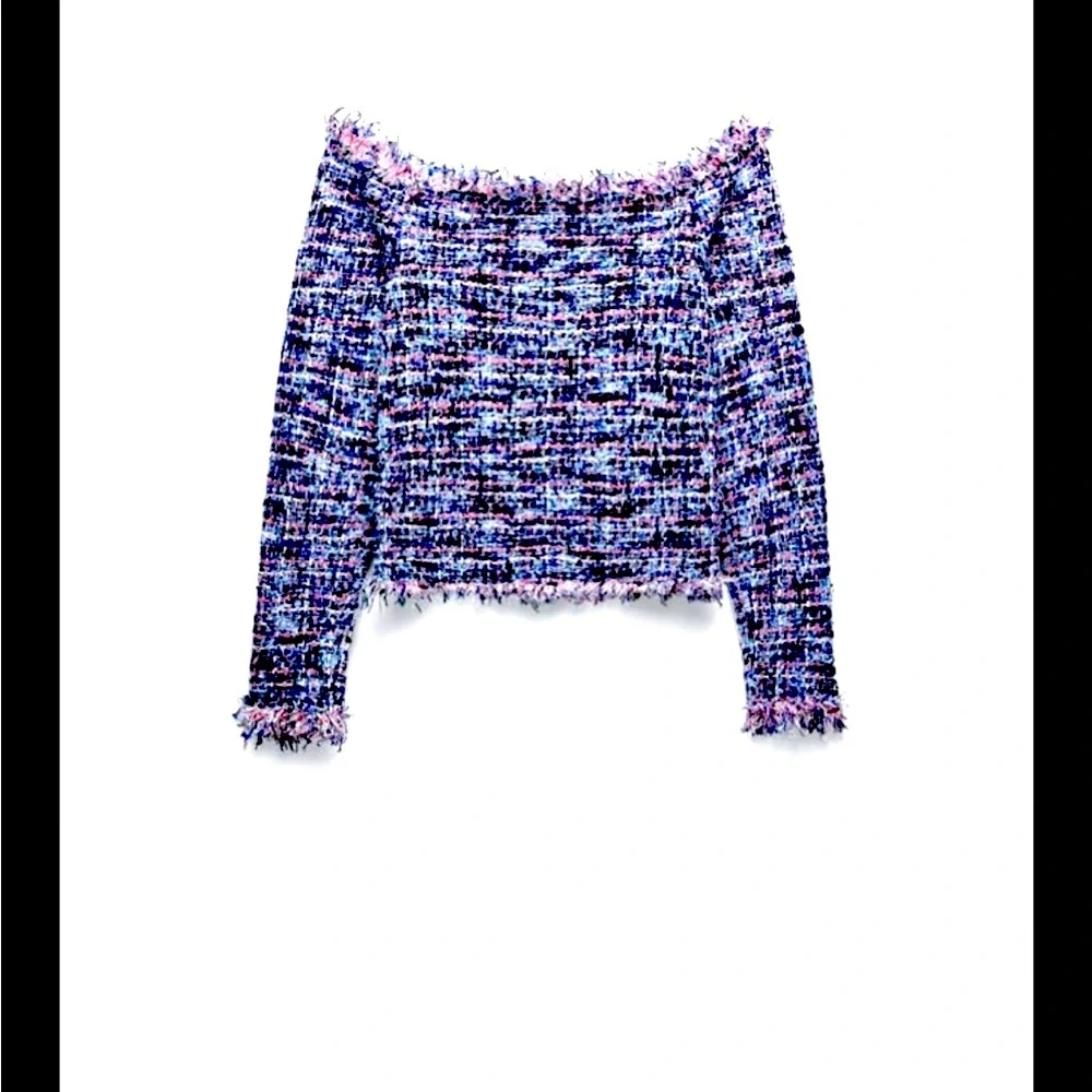 Zara textured pink metallic fibers stretching tweed frayed hem long sleeves top - Picture 11 of 15